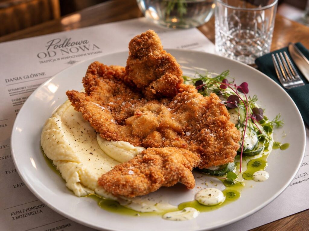 Kotlet schabowy na białym talerzu, obok karta